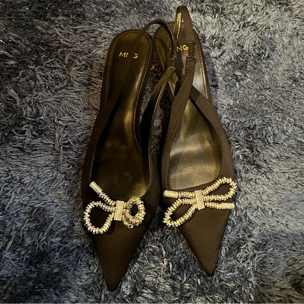Mango MNG Black Kitten Heels with Crystal Bows Size 8.5